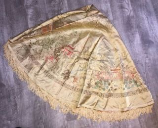 Vintage Silk Chinese Gold Satin Embroidered Brocade 54 " Round Tablecloth Fringe