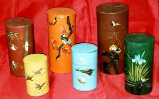 Set Of 6 Vintage Hand Painted Japanese Tin Lidded Nesting Canisters