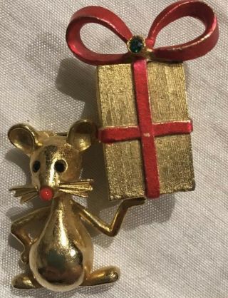 Signed Mylu Pin Green & Black Rhinestones Christmas Mouse Brooch Vintage Rare