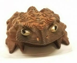 Vtg Japanese Wooden Frog/toad Okimono Ornamental Hand Carved Cryptomeria Wood