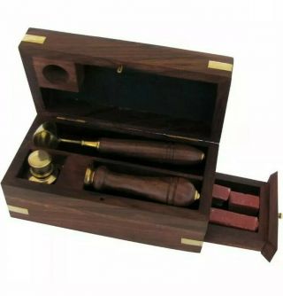 Vintage Antique Brass Wax Seal Stamp Set Seals Kit Spoon Sticks Burner Wood Box
