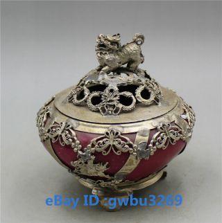 Vintage Old China Jade Tibet Silver Incense Burner Handwork Armored Dragon Lion