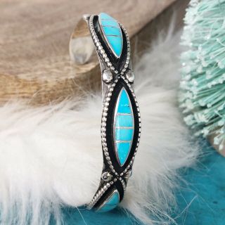 Turquoise Sterling Silver Cuff Bracelet Inlaid Vintage L&j Salvador Zuni N.  M.