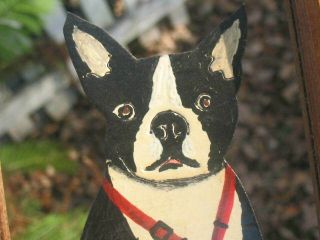Vintage Boston Terrier Dog Folk Art Framed Wooden Cut Out Hand - Painted Frenchie