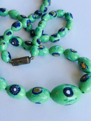 Vintage Green Glass Beads Necklace Blue Millefiori Accents