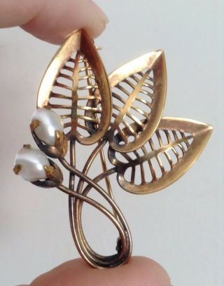 Vintage Rolled Gold Art Nouveau Style Brooch Pin Leaves & Mop Flower Buds