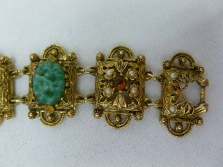 Vintage Ornate Victorian Revival Green Pressed Glass Pearl Cabochon Bracelet 2