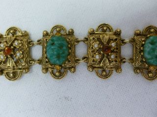 Vintage Ornate Victorian Revival Green Pressed Glass Pearl Cabochon Bracelet 3