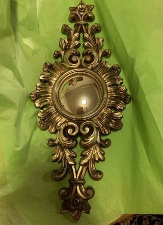 Vintage Hollywood Regency Style Gold Ornate Plaster Wall Mirror Convex Mirror