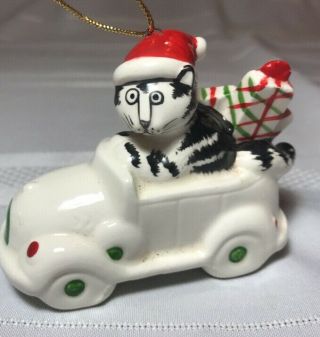 Vintage Signed B Kliban Cat In Car Christmas Ornament Santa Hat & Gifts