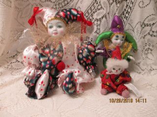Three Adorable Stuffed Vintage Clown Dolls With Porcelain Faces,  One Is A Ganz