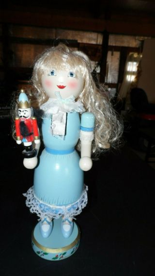 Wood Nutcracker Girl Holding A Toy " Clara " Blonde Hair Blue Dress W/lace