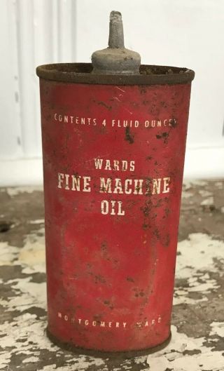 Vtg 40s Montgomery Wards Fine Machine Oil 4 Oz Lead Top Handy Oiler Tin Can