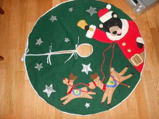 Hand Crafted Bear Santa & Reindeer Christmas Tree Skirt Charming 44 "