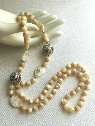 Estate Hand Knotted Mother Of Pearl Bead Necklace W Cloisonne N Leaf Beads 31 In
