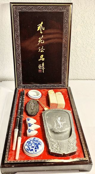 Vintage Chinese Calligraphy Set Wood Lacquered Box Unique 2