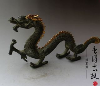Antique Old Antique Handmade Bronze Gilt Chinese Zodiac Dragon Statue