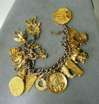 Vintage Silver Tone Chain Bracelet With 20 Gold Tone Charms Signed 99