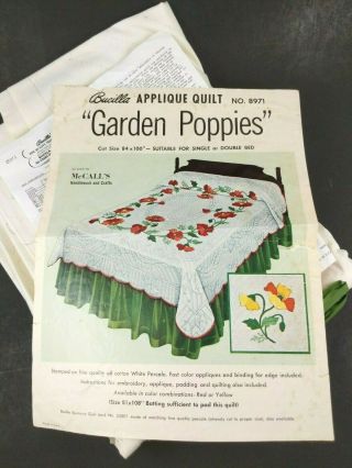 Vintage Bucilla Applique Quilt Top Garden Poppies Kit No.  8971 Single Double Bed