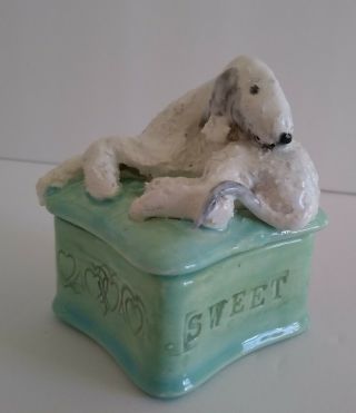 Bedlington Terrier Dog Trinket Box Ceramic Sculpture Figurine Statue Ooak