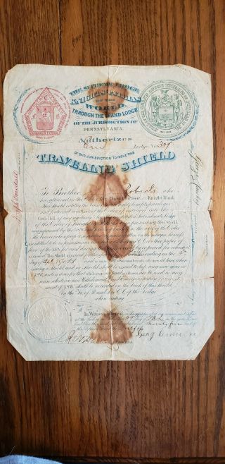 Antique Traveling Shield Certificate/document 1875 Knights Of Pythias