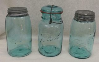3 Vintage Ball Mason Jars 2 Blue Quart 1910 - 1923 Zinc/porcelain 1 Wire Slide