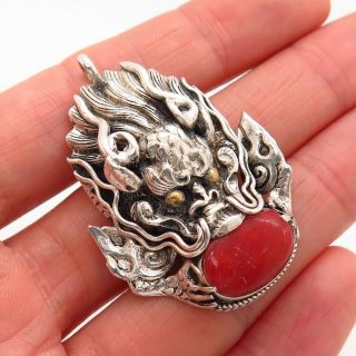 Antique Asia 925 Sterling Silver Coral Chinese Dragon Design Handmade Pendant
