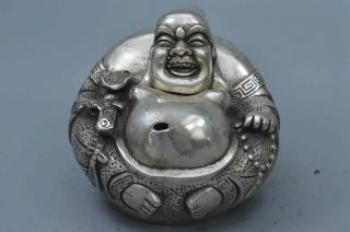 Collectable Handwork Miao Silver Carve Smile Buddha Auspicious Old Tibet Tea Pot