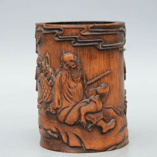 Collectable China Rare Boxwood Hand - Carved Flowers Old Man Crane Noble Brush Pot