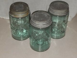 3 Vintage Ball 3 L Loop Mason Blue Pints Canning Jars Zinc Lids