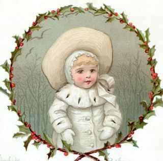 1888 Victorian Christmas Greeting Card Little Girl Dressed All In White