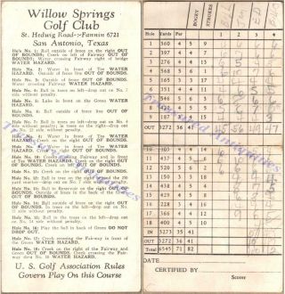 1930s San Antonio Texas Willow Springs Golf Club Course Hole Guide & Scorecard
