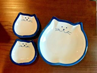 Cat Face Plates - Set Of Three (3) One Large Two Small - Blue - Happy Kitty Face