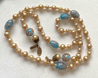 Miriam Haskell Vintage Necklace Pearls & Blue Gold Foiled Art Glass Beads