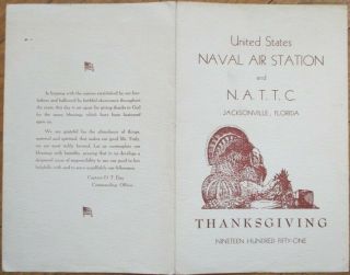 Thanksgiving Dinner 1951 Menu: Us Navy Air Station / Nattc - Jacksonville,  Fl