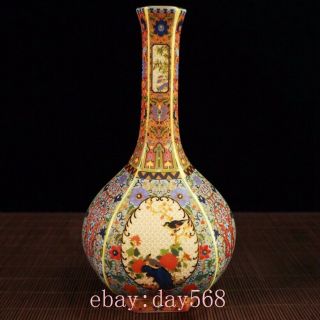 Old China porcelain Cloisonne Enamel Open window Hand Painted flower bird vase 3