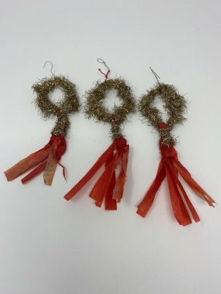 3 Victorian German Tinsel Feather Tree Ornaments Wreath Crepe Paper