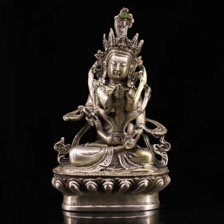 Collectable Decor Old Miao Silver Carve Buddha Hug Baby Inlay Agate Pray Statue