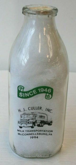 Milk Bottle H.  J.  Culler Mcconnellsburg,  Pa Tspq Milk Transportation Advertising
