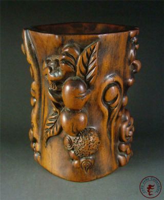 Very Large Old Chinese Rosewood Carved Brush Pot Statue Pine Tree & Peaches