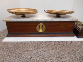 Vintage Rosewood & Marble Balance Scale Set Of 9 Brass Scale Weights