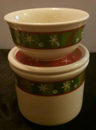 Longaberger Pottery Christmas Crock W/lid Or Coaster 2004 With Matching Bowl