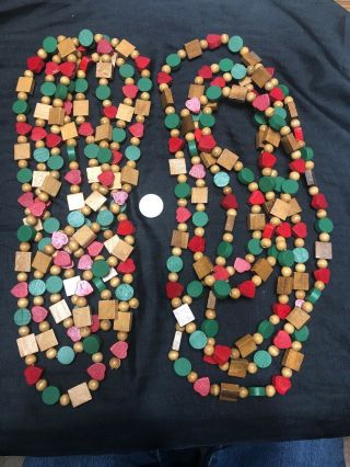Vintage Christmas Wood Wooden Hart Circle Square Red Green Garland (2) 10 Feet