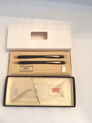 Vintage Cross Classic Pen Pencil Set Matte Black With Gold Accents 2501 Usa