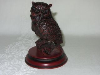 Dark Red Black Resin Owl Bird On Branch Figurine Vintage Asian Symbols