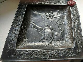 Chinese Silver Pewter Dish Birds Embossed Red Seal Antique Vintage Old Metal