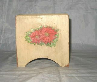Vintage Xmas Feather Tree Stand Wood Block Paint With Poinsettia Decor