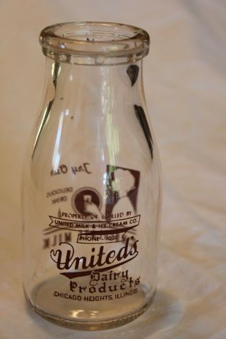 Vintage Uniteds Dairy Products Half Pint Chocolate Milk Bottle Chicago Heights 2