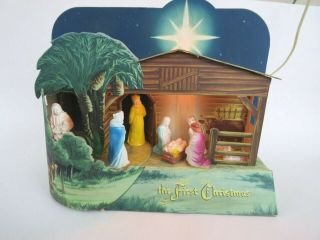 Vintage 40s Clemco Lighted Musical The First Christmas Nativity Scene Cardboard
