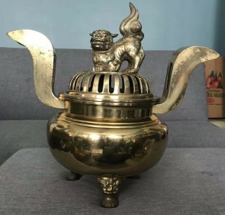 Large Vintage Brass Chinese Tripod Censer Bowl Incense Burner Foo Dog